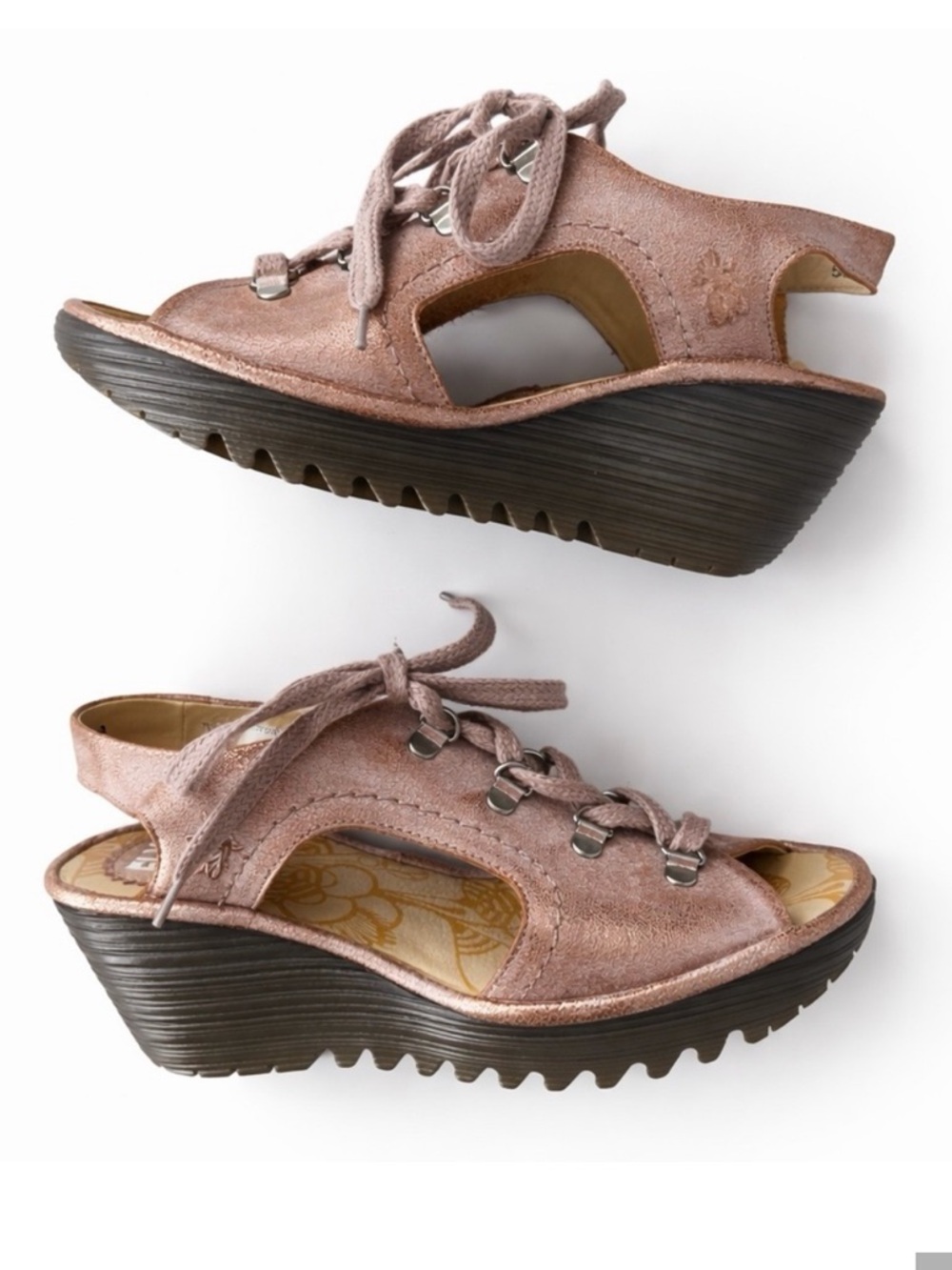 Fly London YIfa Luna rose gold wedge sandals shoes 38 7.5 8